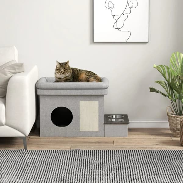 Rootz Cat House - Ruokintapaikka - 2 ruostumattomasta teräksestä valmistettua kulhoa - Raapimismatto - Pehmeä lepotuolityyny - Harmaa - 78 x 48 x 49,5