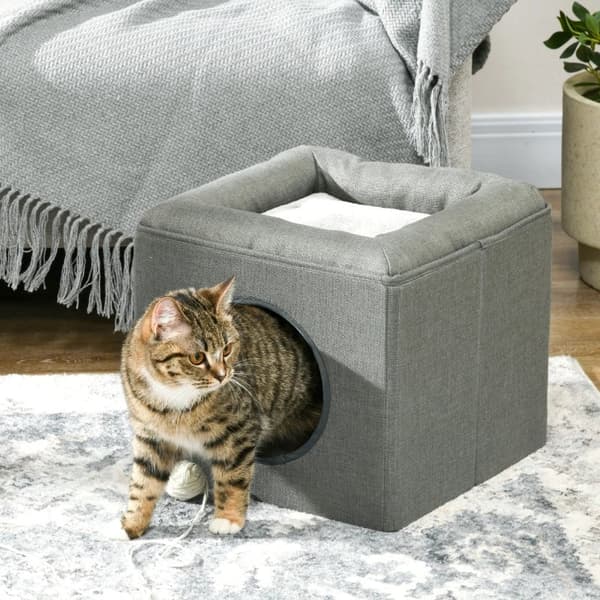 Rootz Cat Cave - Kattsäng - Katthus - 2-i-1 Cat Cave - MDF - Imiterad linne - Grön - 36,5 x 36,5 x 33 cm
