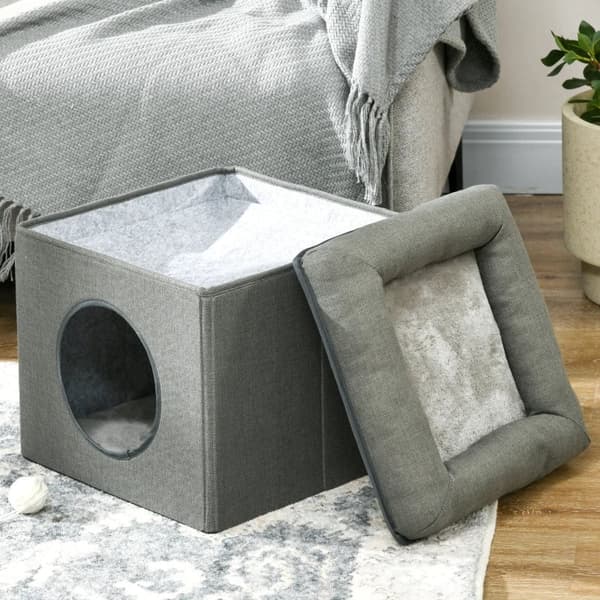 Rootz Cat Cave - Kissansänky - Kissan talo - 2-in-1 Cat Cave - MDF - Pellavajäljitelmä - Vihreä - 36,5 x 36,5 x 33 cm
