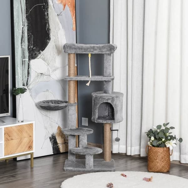Rootz Kradsestolpe - Kattetræ - 1 Kattehule - Katteseng - 1 hængekøje - Inklusiv legetøj - Spånplade - Lysegrå - 48cm x 48cm x 120cm