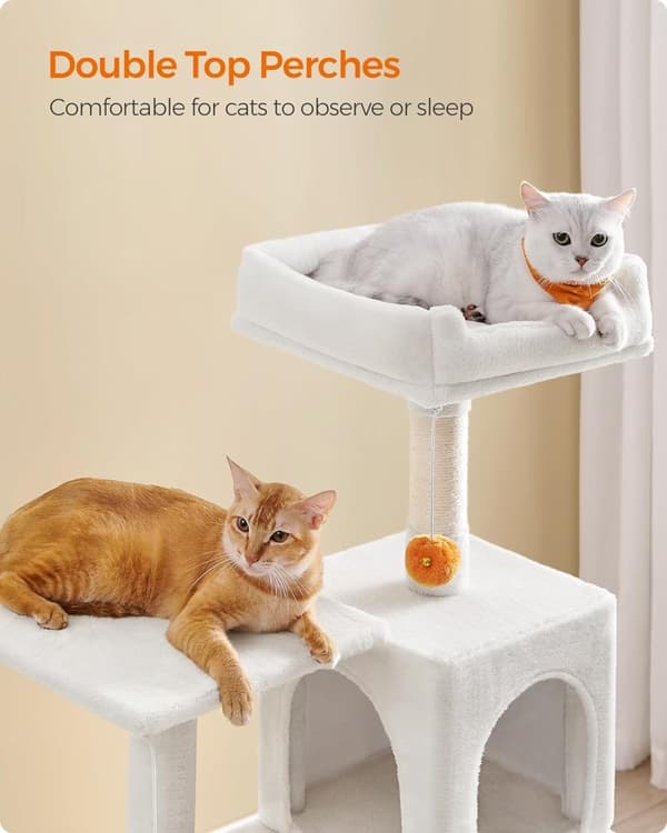 Feandrea Cat Tree, 143 cm Cat Tower, Cave, Hængekøje, Pompoms, Creme White