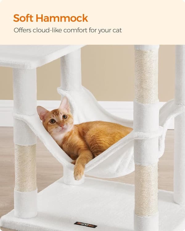 Feandrea Cat Tree, 143 cm Cat Tower, Cave, Hængekøje, Pompoms, Creme White