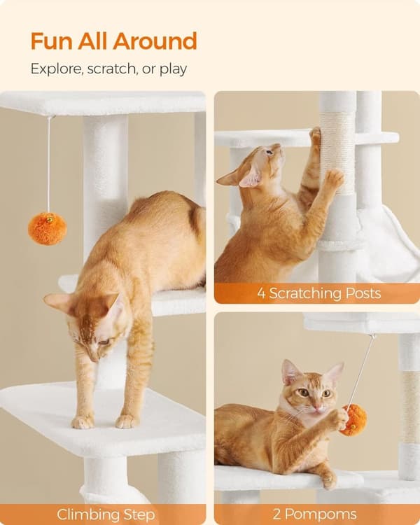 Feandrea Cat Tree, 143 cm Cat Tower, Cave, Hængekøje, Pompoms, Creme White