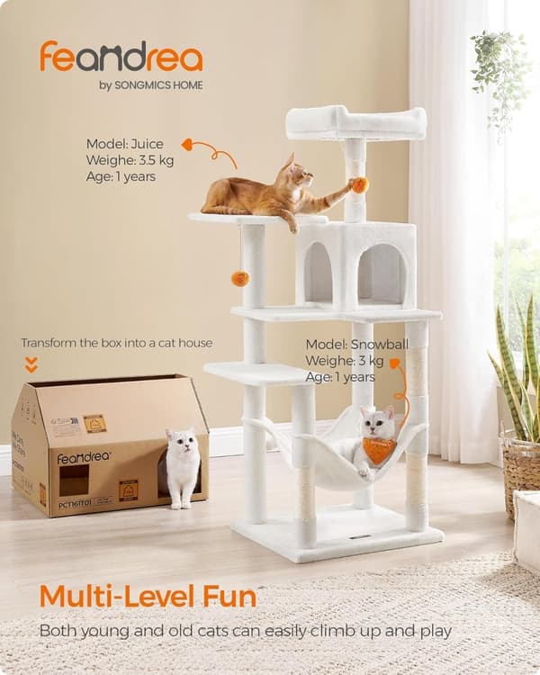 Feandrea Cat Tree, 143 cm Cat Tower, Cave, Hængekøje, Pompoms, Creme White