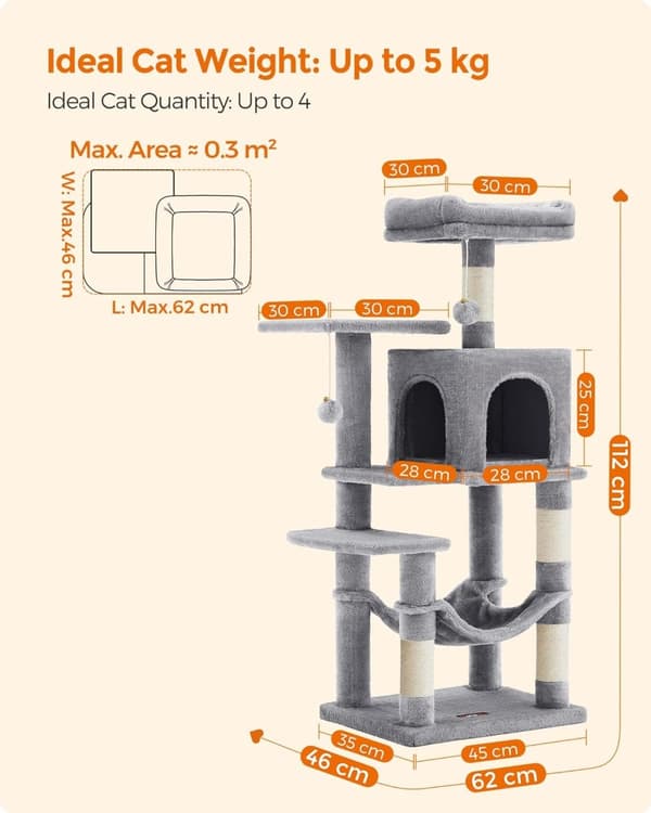 Feandrea-kissapuu, Cat Condo riippumatolla, 112 cm, vaaleanharmaa