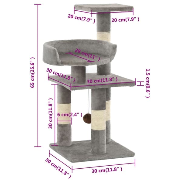 The Living Store kradsetræ til katte med sisal-kradsestolper 65 cm grå -  Kattetræer