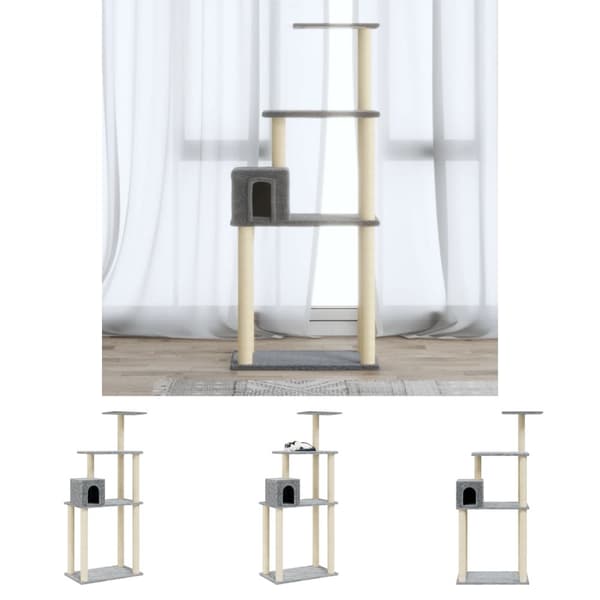 The Living Store Kissan kiipeilypuu sisal- raapimispylväillä vaaleanharmaa 147cm -  Kissan huonekalut