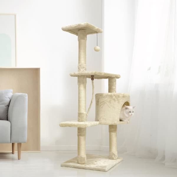 PALOMA Beige kattträd 40 x 40 x 114 cm - 3 plattformar, 1 rep, 1 nisch, skrapstolpar