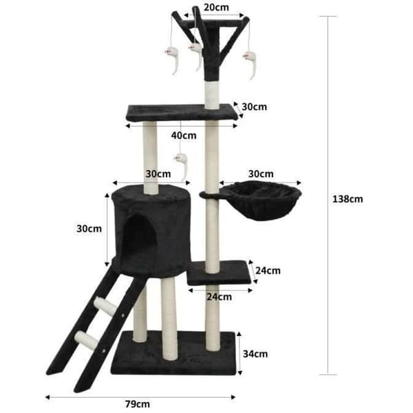 JIPSY Black Cat Tree 79 x 34 x 138 cm - 3 plattformar, 1 abborre, 1 kennel, 1 trappa, skrapstolpar