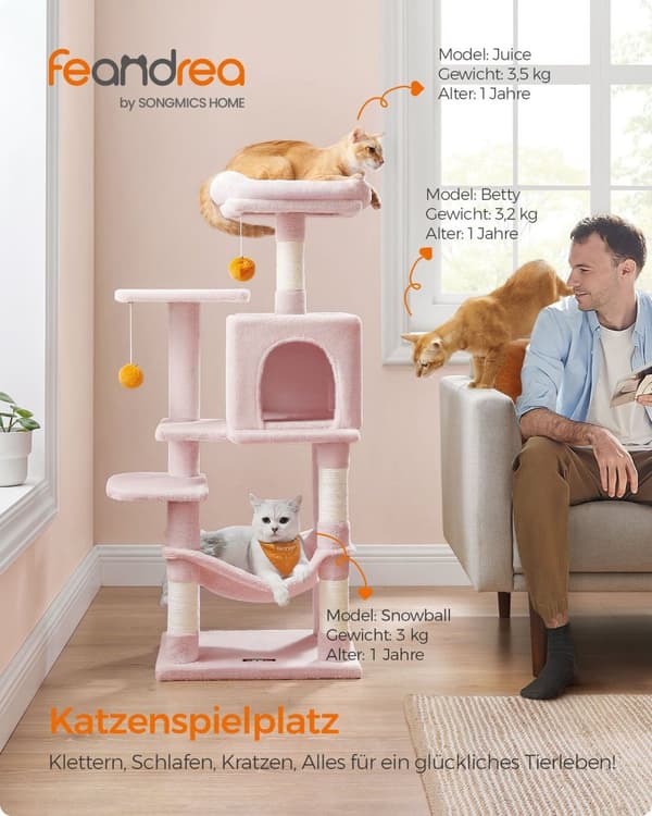 Rootz Jelly Pink Cat kradsestolpe - Kattetræ - Katteklatrestativ - Spånplade Plys Sisal - 45cm x 35cm x 112cm - Robust konstruktion - Multi-Cat Hushol