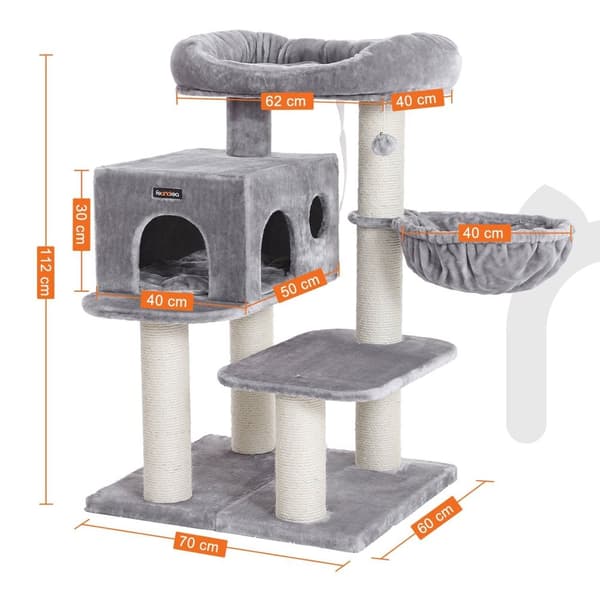 FEANDREA kattskrapstolpe - Klättertorn - Kitty Condo - Stor mysig grotta - Fluffig utsiktsplattform - Justerbara element - Ljusgrå - CARB-certifierad