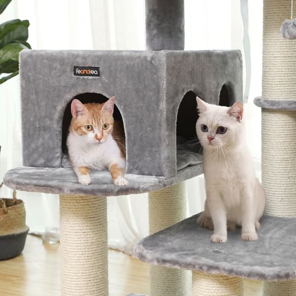 FEANDREA kattskrapstolpe - Klättertorn - Kitty Condo - Stor mysig grotta - Fluffig utsiktsplattform - Justerbara element - Ljusgrå - CARB-certifierad