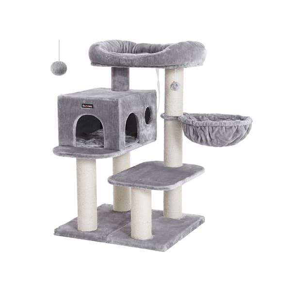 FEANDREA kattskrapstolpe - Klättertorn - Kitty Condo - Stor mysig grotta - Fluffig utsiktsplattform - Justerbara element - Ljusgrå - CARB-certifierad