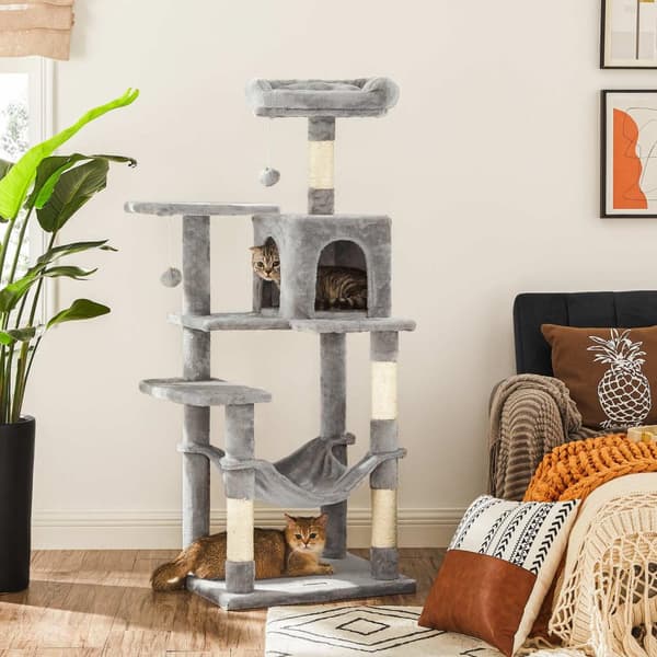 FEANDREA Kattekradsestolpe - Kitty Condo - Kattetræ - Plysbetræk - Hyggelig hule - Robust hængekøje - Udsigtsplatform - Pelsboldlegetøj - 60 cm x 50 c