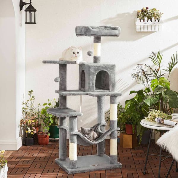 FEANDREA Kattekradsestolpe - Kitty Condo - Kattetræ - Plysbetræk - Hyggelig hule - Robust hængekøje - Udsigtsplatform - Pelsboldlegetøj - 60 cm x 50 c