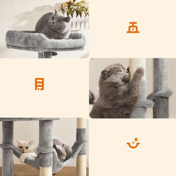 FEANDREA Kattekradsestolpe - Kitty Condo - Kattetræ - Plysbetræk - Hyggelig hule - Robust hængekøje - Udsigtsplatform - Pelsboldlegetøj - 60 cm x 50 c