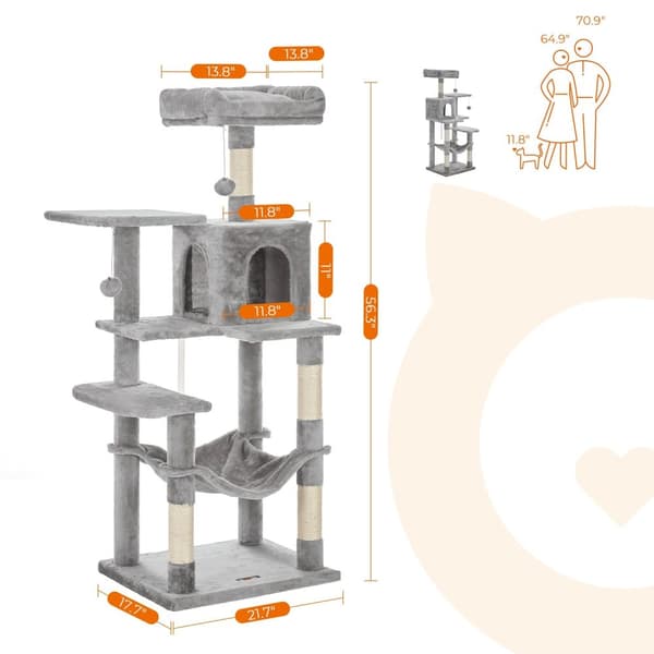 FEANDREA Kattekradsestolpe - Kitty Condo - Kattetræ - Plysbetræk - Hyggelig hule - Robust hængekøje - Udsigtsplatform - Pelsboldlegetøj - 60 cm x 50 c