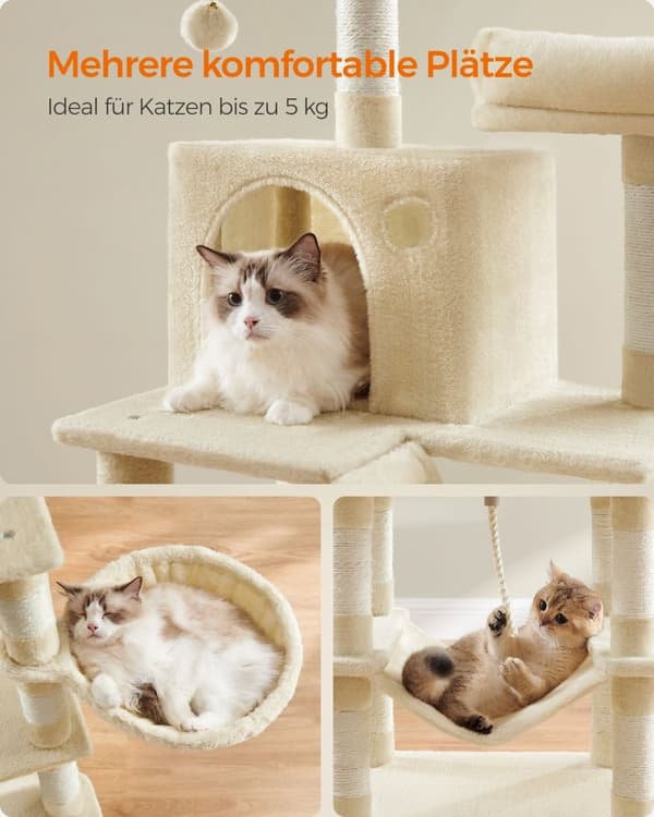Rootz Beige Kattekradsestolpe - Kattetræ - Kattetårn - Spånplade Plys Sisal - 55 cm x 45 cm x 168 cm - 18,4 kg - 65 kg Belastningskapacitet