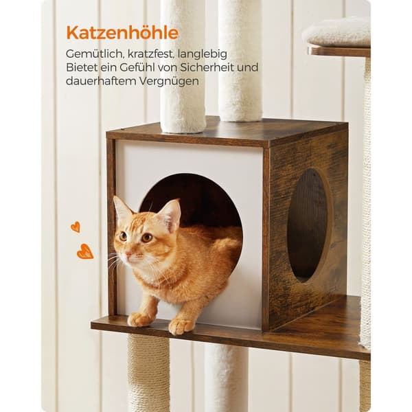 FEANDREA Vintage Brun Kattetræ Kradsestolpe - Kattetårn - Kattelejlighed - Spånplade - Plys - Sisal - 58cm x 40cm x 165cm