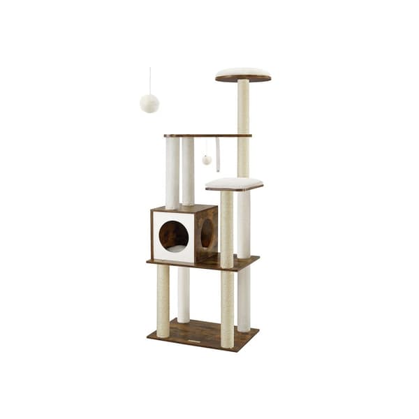 FEANDREA Vintage Brun Kattetræ Kradsestolpe - Kattetårn - Kattelejlighed - Spånplade - Plys - Sisal - 58cm x 40cm x 165cm