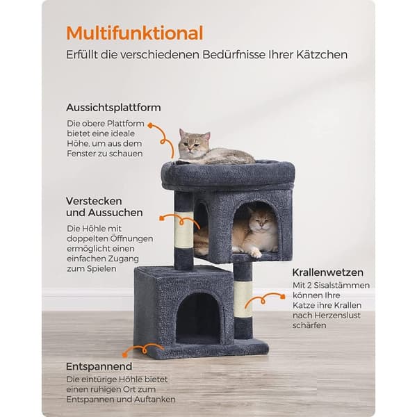 Rootz Cat Skrapstolpe - Kattträd - Kattmöbler - Spånskivakonstruktion - Plyschöverdrag - Sisalrep - 40cm x 30cm x 67cm - Smoke Grey - 6kg
