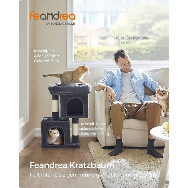 Rootz Cat Skrapstolpe - Kattträd - Kattmöbler - Spånskivakonstruktion - Plyschöverdrag - Sisalrep - 40cm x 30cm x 67cm - Smoke Grey - 6kg