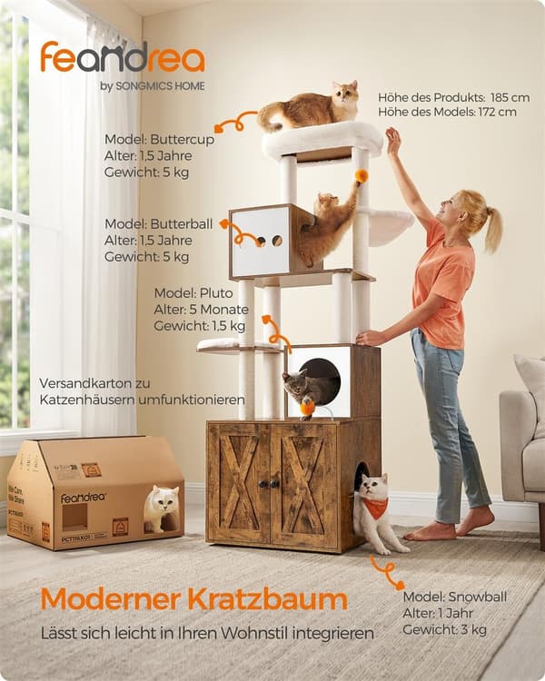 Rootz 2 i 1 kradsestolpe - kattetræ - kradsebræt - spånplade - plys - sisal - vintage brun - 60 cm x 52 cm x 185 cm