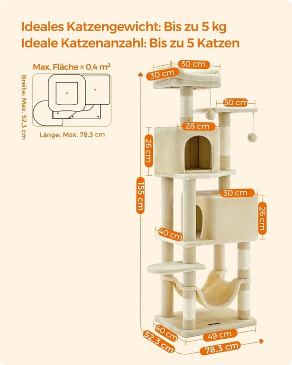 Rootz Beige Kattekradsestolpe - Kattetræ - Kradse - Spånplade Plys Sisal - Robust konstruktion - Nem montering - 49cm x 40cm x 155cm