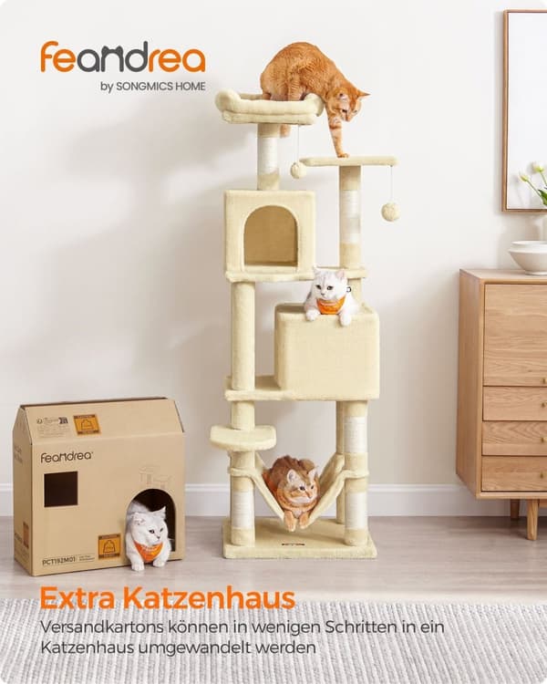Rootz Beige Kattekradsestolpe - Kattetræ - Kradse - Spånplade Plys Sisal - Robust konstruktion - Nem montering - 49cm x 40cm x 155cm