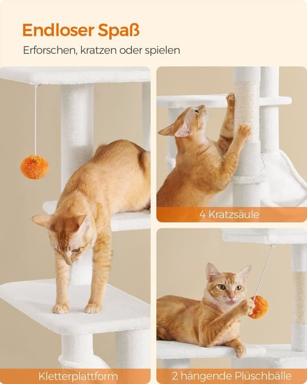 Rootz Cat-kradsestolpe - Kattetræ - Katteklatrer - Spånpladekonstruktion - Plysbeklædning - Sisalreb - 55cm x 45cm x 143cm - Cremehvid - 13kg - Maks.