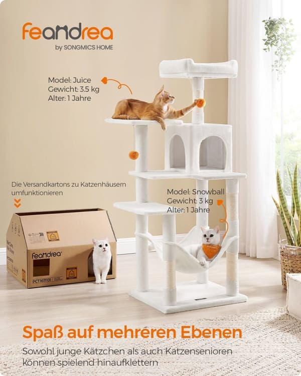 Rootz Cat-kradsestolpe - Kattetræ - Katteklatrer - Spånpladekonstruktion - Plysbeklædning - Sisalreb - 55cm x 45cm x 143cm - Cremehvid - 13kg - Maks.