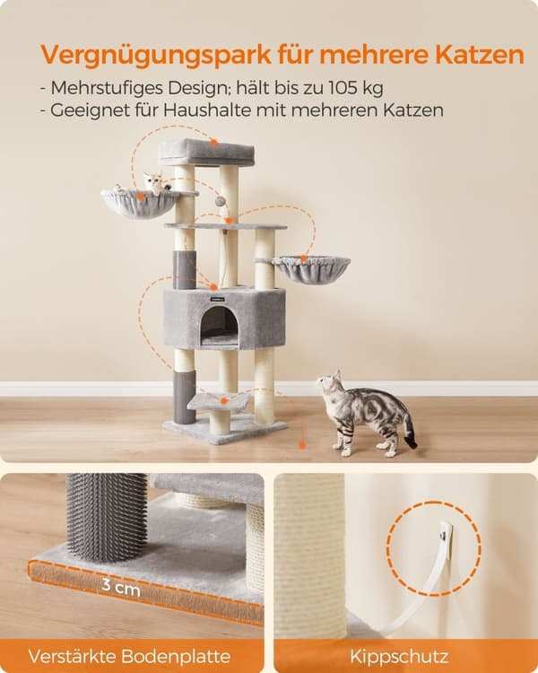 Rootz Cat-kradsestolpe - Kattetræ - Katteklatrestativ - Spånpladekonstruktion - Plysbeklædning - Sisalreb - 50 cm x 50 cm x 160 cm - Dove Grå-Cream Hv