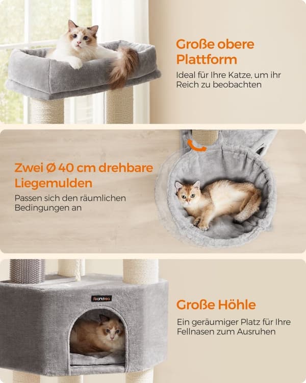 Rootz Cat-kradsestolpe - Kattetræ - Katteklatrestativ - Spånpladekonstruktion - Plysbeklædning - Sisalreb - 50 cm x 50 cm x 160 cm - Dove Grå-Cream Hv