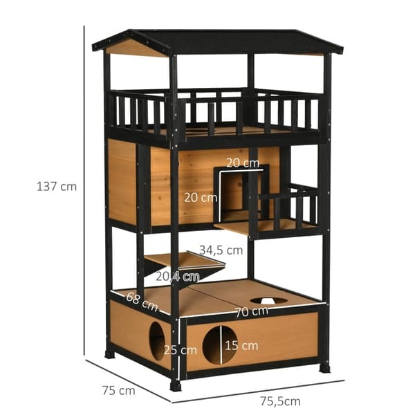 Rootz PawHut Outdoor Cat House - Säänkestävä kissan suoja - Kestävä monitasoinen kissan asunto - 75,5 cm x 75 cm x 137 cm - Kuusipuu ja asfalttikatto