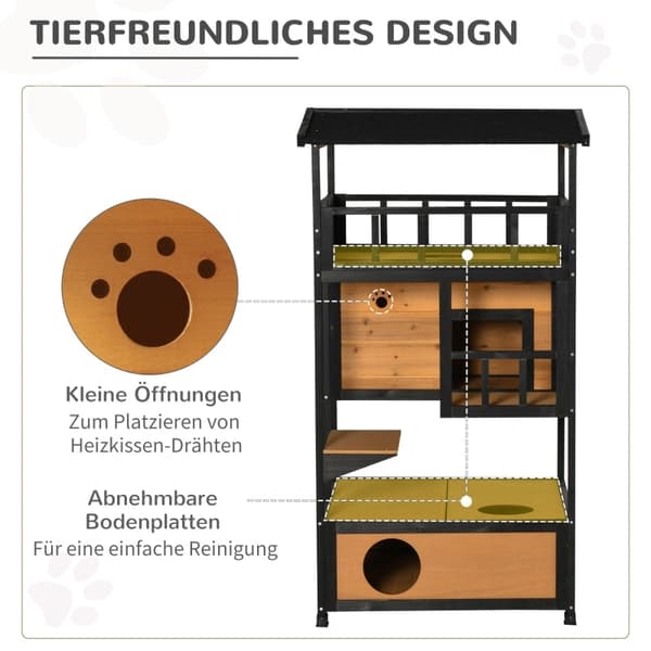 Rootz PawHut Outdoor Cat House - Säänkestävä kissan suoja - Kestävä monitasoinen kissan asunto - 75,5 cm x 75 cm x 137 cm - Kuusipuu ja asfalttikatto