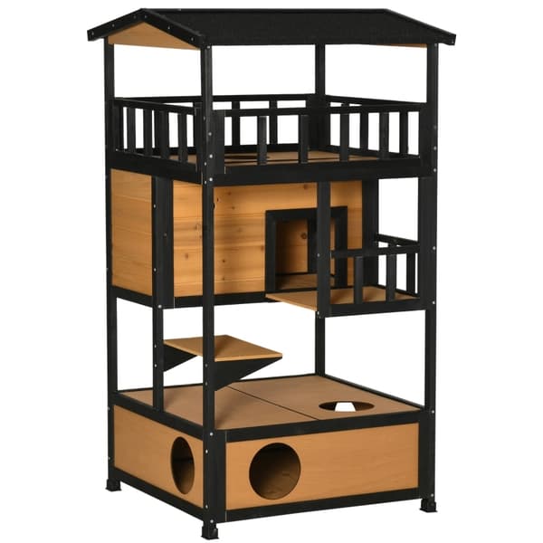 Rootz PawHut Outdoor Cat House - Säänkestävä kissan suoja - Kestävä monitasoinen kissan asunto - 75,5 cm x 75 cm x 137 cm - Kuusipuu ja asfalttikatto