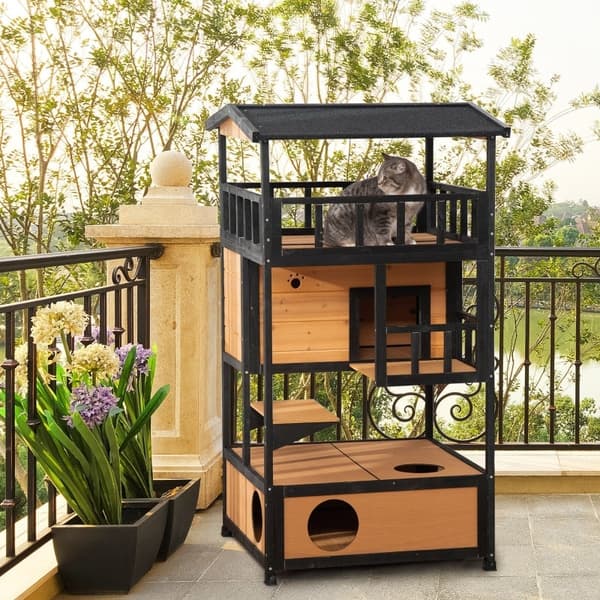Rootz PawHut Outdoor Cat House - Säänkestävä kissan suoja - Kestävä monitasoinen kissan asunto - 75,5 cm x 75 cm x 137 cm - Kuusipuu ja asfalttikatto