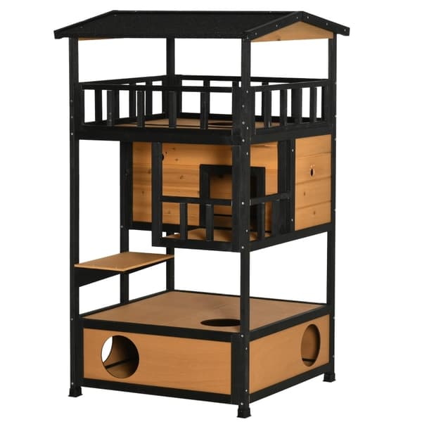 Rootz PawHut Outdoor Cat House - Säänkestävä kissan suoja - Kestävä monitasoinen kissan asunto - 75,5 cm x 75 cm x 137 cm - Kuusipuu ja asfalttikatto