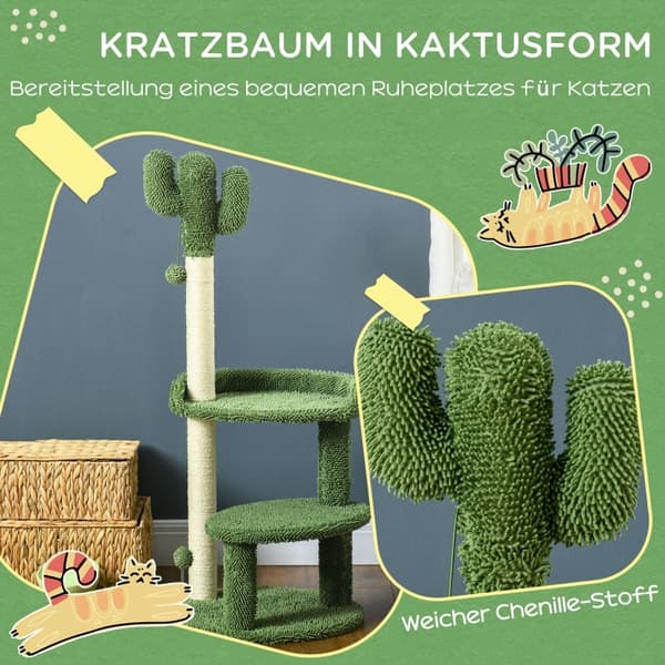 Rootz PawHut -kissapuu - Kaktusmuotoilu - Kissan raapimispylväs - Kissan toimintakeskus - Kestävä lastulevy - Pehmeä kangaspäällinen - 2 pelipalloa -