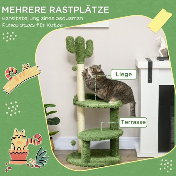 Rootz PawHut -kissapuu - Kaktusmuotoilu - Kissan raapimispylväs - Kissan toimintakeskus - Kestävä lastulevy - Pehmeä kangaspäällinen - 2 pelipalloa -
