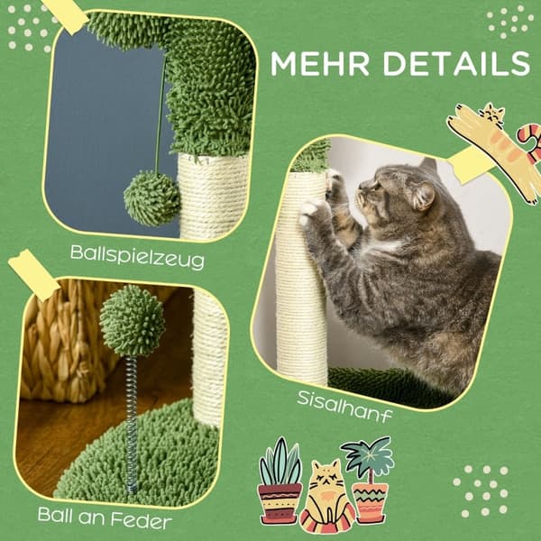 Rootz PawHut -kissapuu - Kaktusmuotoilu - Kissan raapimispylväs - Kissan toimintakeskus - Kestävä lastulevy - Pehmeä kangaspäällinen - 2 pelipalloa -