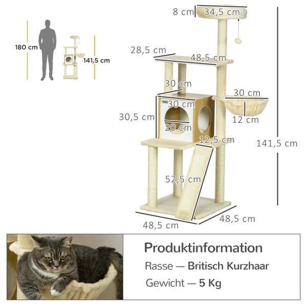 Rootz PawHut Cat Tree Skrapstolpe - Cat Cave - Cat Tower på flera nivåer - Ultimate Comfort - Sisal Rep - 48,5 cm x 48,5 cm x 141,5 cm