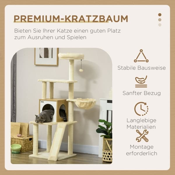Rootz PawHut Cat Tree Skrapstolpe - Cat Cave - Cat Tower på flera nivåer - Ultimate Comfort - Sisal Rep - 48,5 cm x 48,5 cm x 141,5 cm