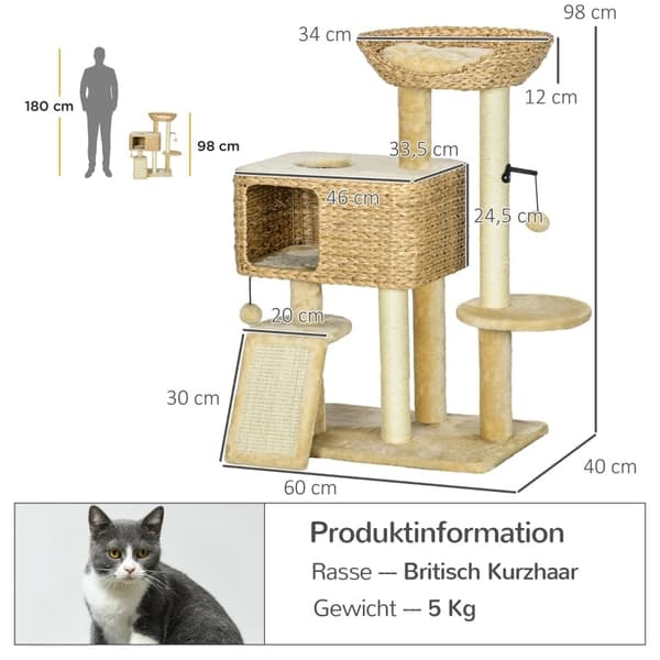 Rootz PawHut Cat Skrapstolpe - Kattträd - Feline Lekplats - Sisal reppelare - Mysiga avkopplingsplatser - Stabil konstruktion - 60cm x 40cm x 98cm