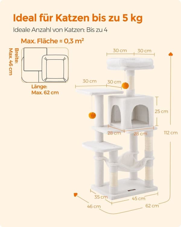 Rootz Cat Tree Kradsestolpe - Cremehvid - Cat Condo - Spånplade Plys Sisal - 45 cm x 35 cm x 112 cm - Heavy Duty - Ideel til 4 katte