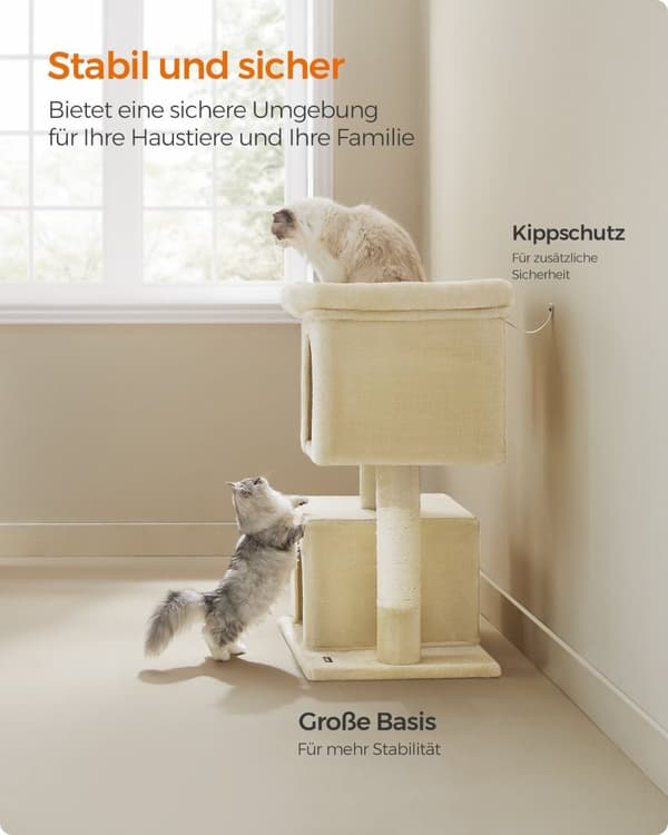 Rootz Cat -raapimistolppa - Beige - Lastulevy Pehmo - Sisalköysi - Suuri 68 cm x 48 cm x 101 cm - Tukeva - 14,3 kg - 3 lelua - Kaatumisenesto - Helppo