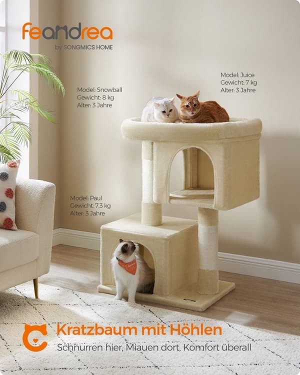 Rootz Cat -raapimistolppa - Beige - Lastulevy Pehmo - Sisalköysi - Suuri 68 cm x 48 cm x 101 cm - Tukeva - 14,3 kg - 3 lelua - Kaatumisenesto - Helppo