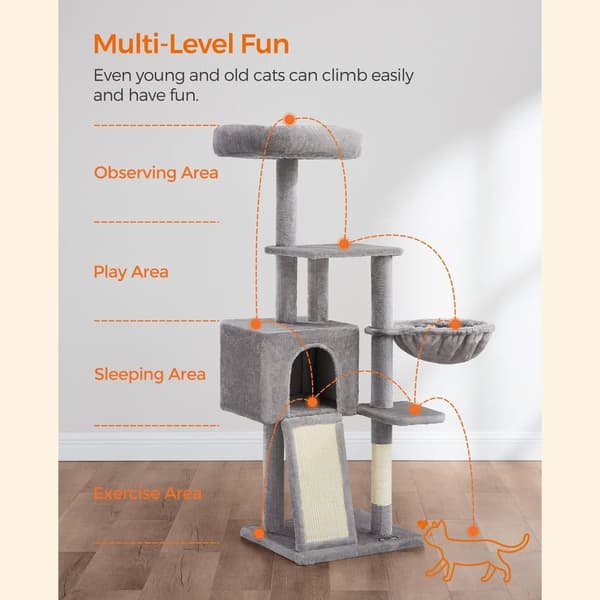 Rootz Cat Tree Tower, jossa sisalilla päällystetyt raapimistolpat - Monitasoinen kissan leikkimökki - Pehmopehmuste - Luiska - Helppo koota - 46 cm x
