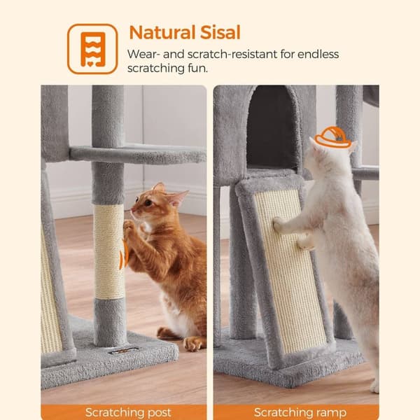 Rootz Cat Tree Tower, jossa sisalilla päällystetyt raapimistolpat - Monitasoinen kissan leikkimökki - Pehmopehmuste - Luiska - Helppo koota - 46 cm x