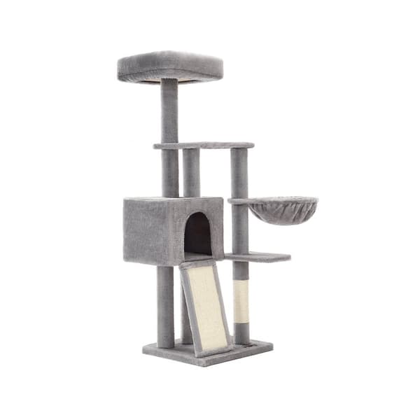 Rootz Cat Tree Tower med Sisal-täckta skrapstolpar - Kattlekstuga i flera nivåer - Plyschöverdrag - Ramp - Lätt att montera - 46cm x 41cm x 135cm